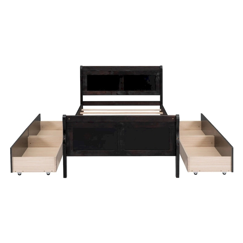 Twin Size Wood Platform Bed with 4 Drawers and Streamlined Headboard