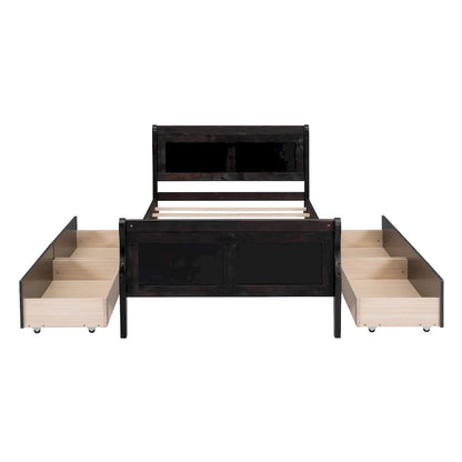 Twin Size Wood Platform Bed with 4 Drawers and Streamlined Headboard