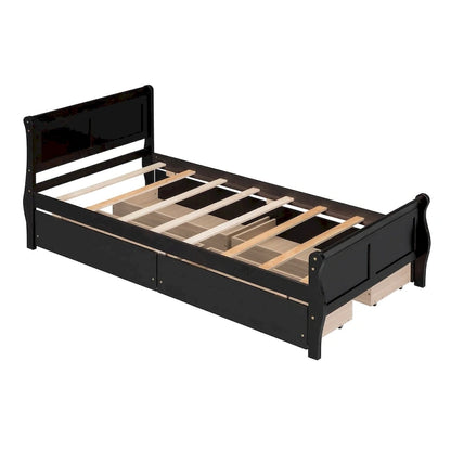 Twin Size Wood Platform Bed with 4 Drawers and Streamlined Headboard