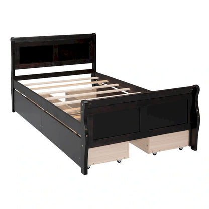 Twin Size Wood Platform Bed with 4 Drawers and Streamlined Headboard