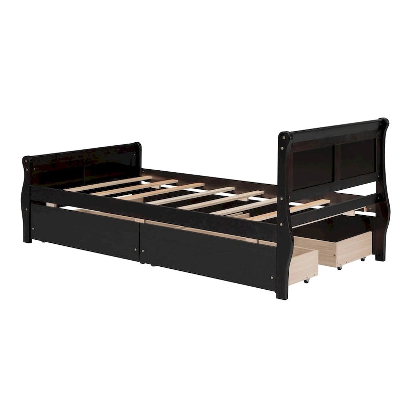 Twin Size Wood Platform Bed with 4 Drawers and Streamlined Headboard