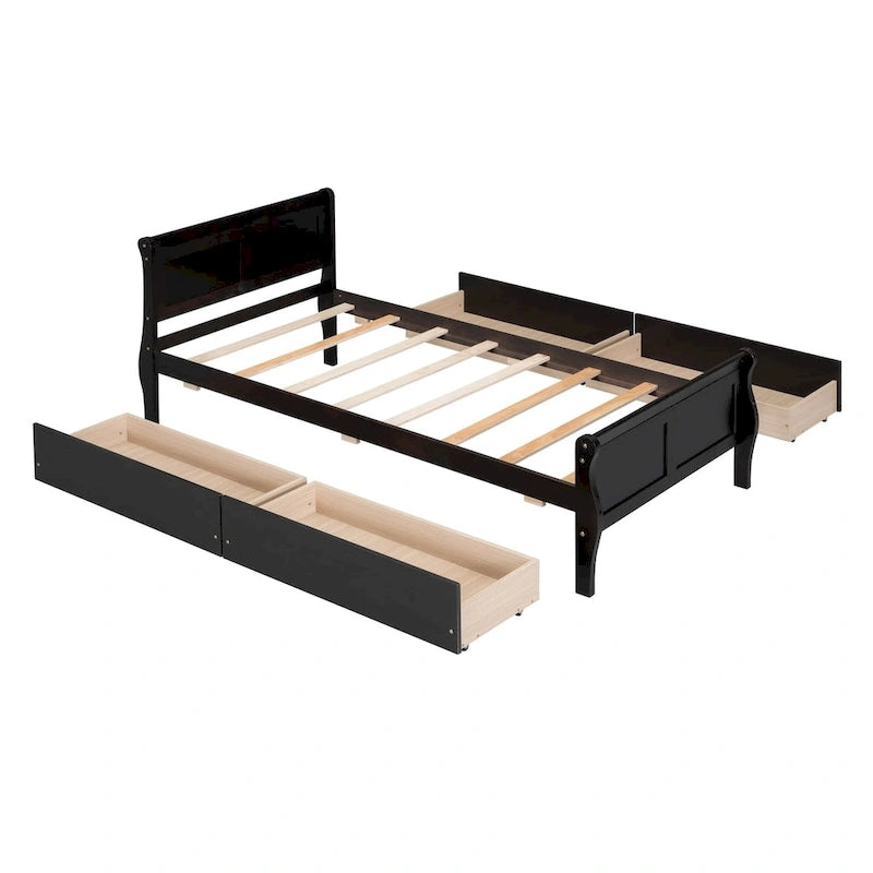 Twin Size Wood Platform Bed with 4 Drawers and Streamlined Headboard