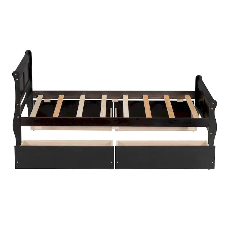 Twin Size Wood Platform Bed with 4 Drawers and Streamlined Headboard