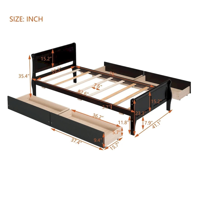 Twin Size Wood Platform Bed with 4 Drawers and Streamlined Headboard
