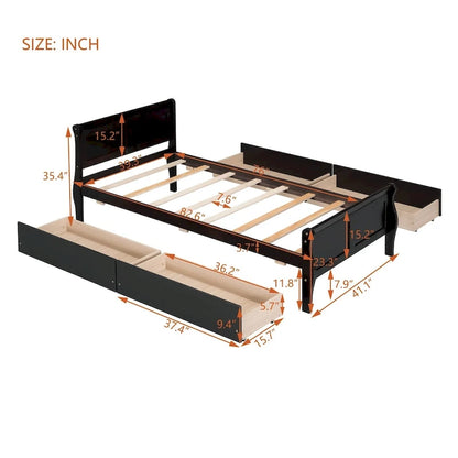 Twin Size Wood Platform Bed with 4 Drawers and Streamlined Headboard