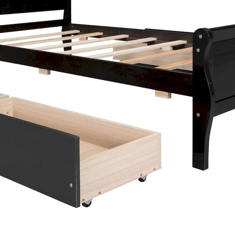 Twin Size Wood Platform Bed with 4 Drawers and Streamlined Headboard