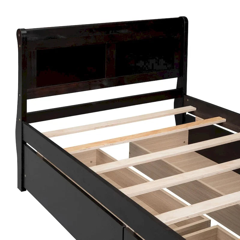 Twin Size Wood Platform Bed with 4 Drawers and Streamlined Headboard