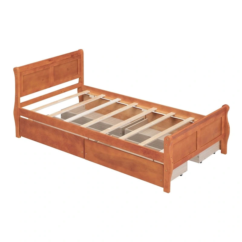 Twin Size Wood Platform Bed with 4 Drawers and Streamlined Headboard
