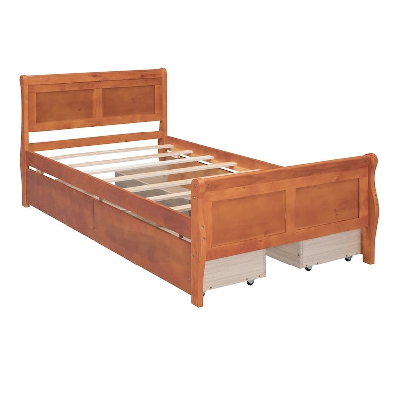 Twin Size Wood Platform Bed with 4 Drawers and Streamlined Headboard