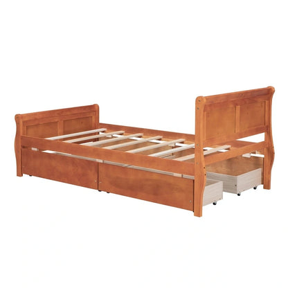 Twin Size Wood Platform Bed with 4 Drawers and Streamlined Headboard