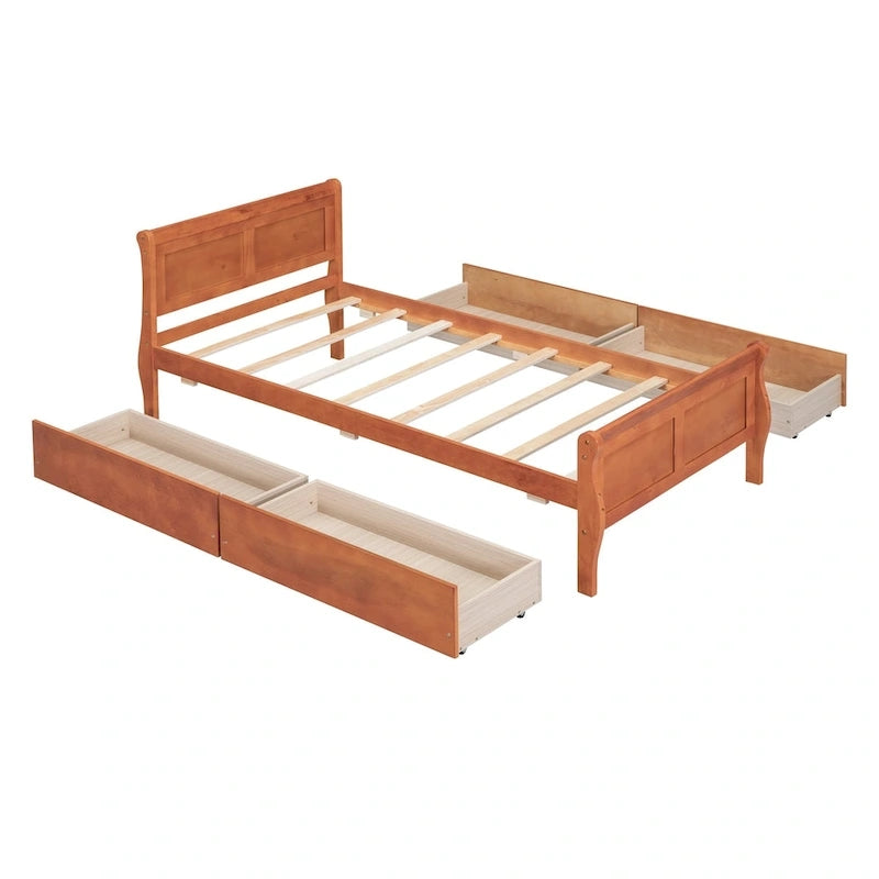 Twin Size Wood Platform Bed with 4 Drawers and Streamlined Headboard
