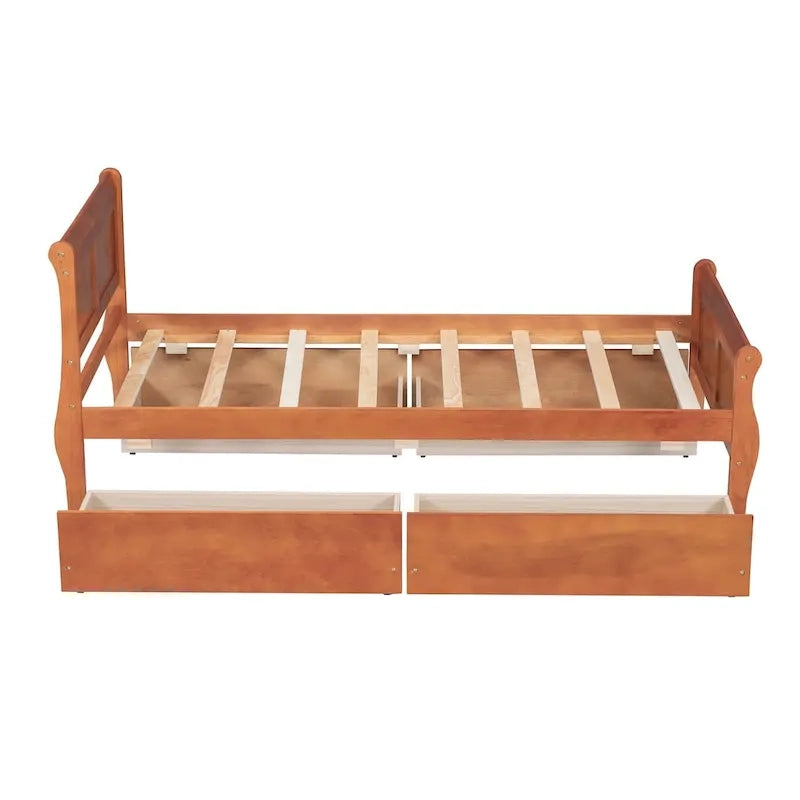 Twin Size Wood Platform Bed with 4 Drawers and Streamlined Headboard