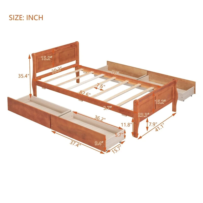 Twin Size Wood Platform Bed with 4 Drawers and Streamlined Headboard