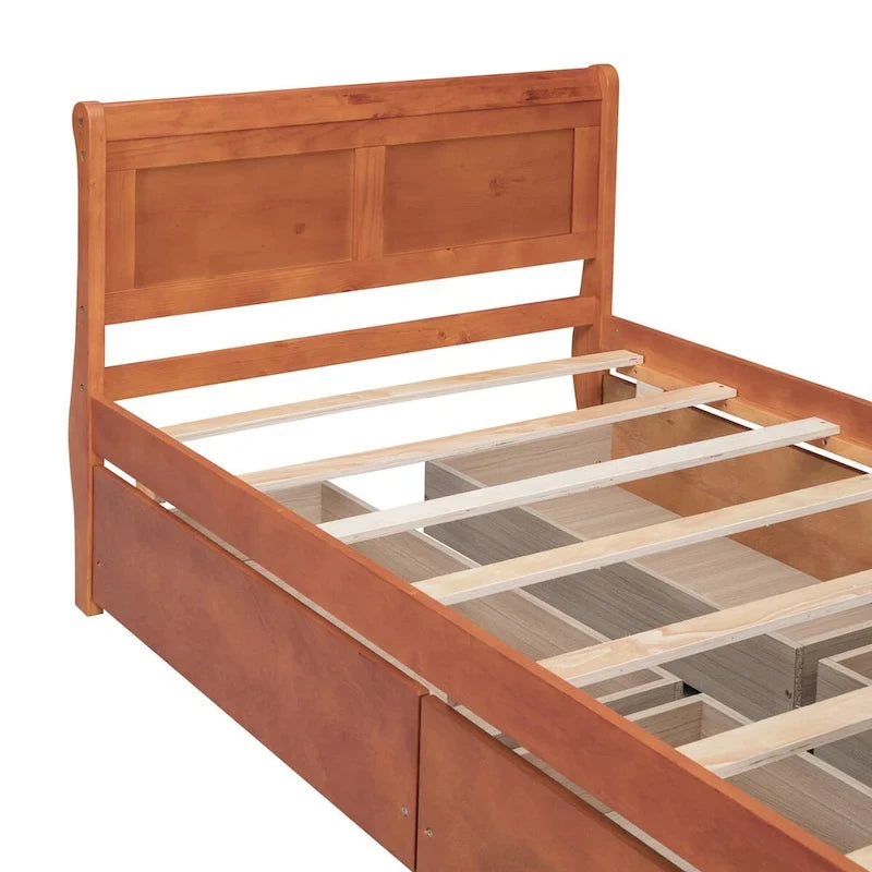 Twin Size Wood Platform Bed with 4 Drawers and Streamlined Headboard