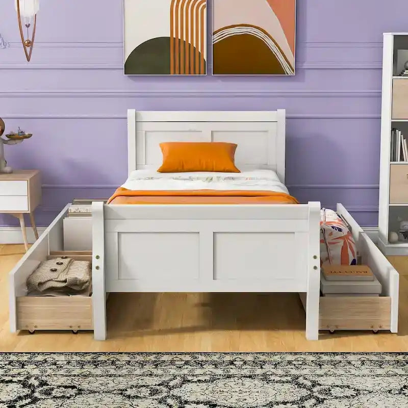Twin Size Wood Platform Bed with 4 Drawers and Streamlined Headboard