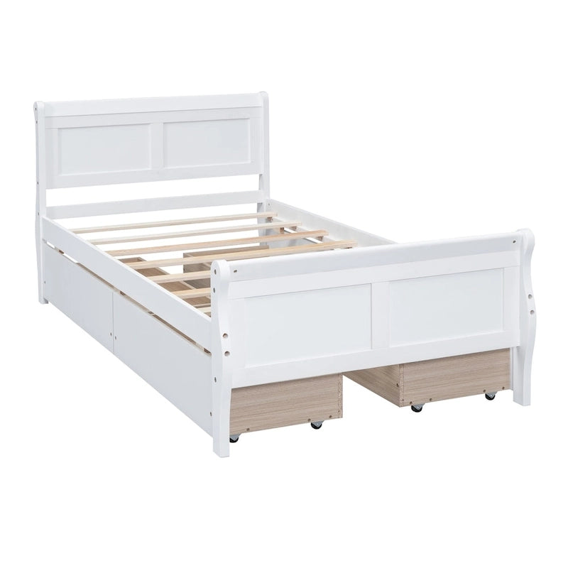 Twin Size Wood Platform Bed with 4 Drawers and Streamlined Headboard