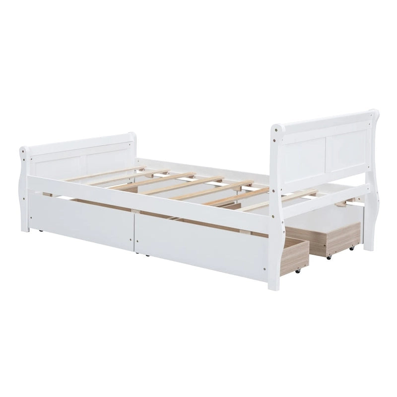 Twin Size Wood Platform Bed with 4 Drawers and Streamlined Headboard