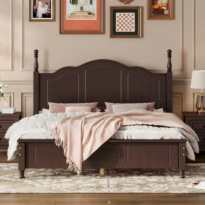 Queen Size Retro Style Wood Platform Bed Frame with Headboard and Wooden Slat Support