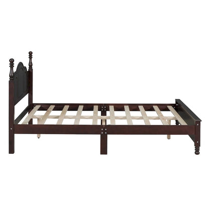 Queen Size Retro Style Wood Platform Bed Frame with Headboard and Wooden Slat Support