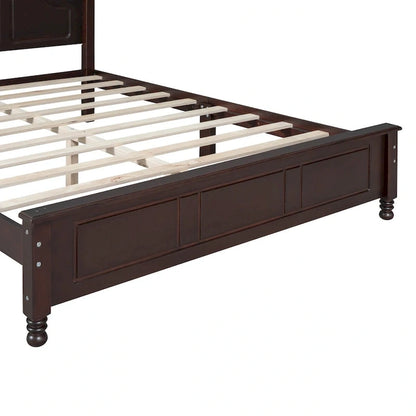Queen Size Retro Style Wood Platform Bed Frame with Headboard and Wooden Slat Support