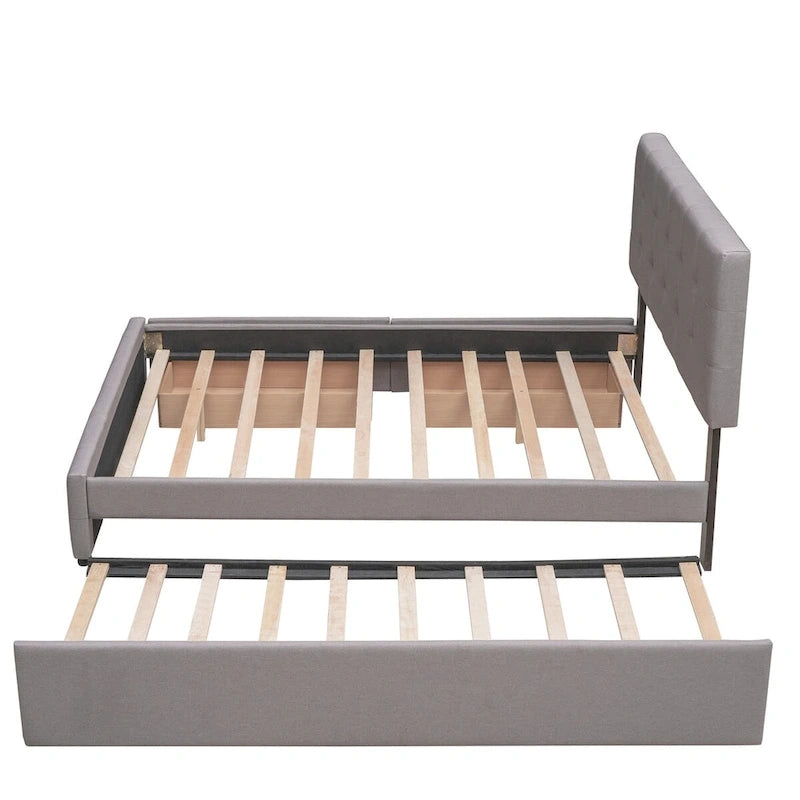CUSchoice Queen Size Linen Fabric Platform Bed with 2 Drawers and Twin XL Trundle