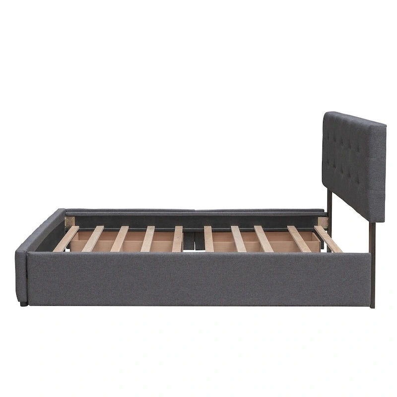 CUSchoice Queen Size Linen Fabric Platform Bed with 2 Drawers and Twin XL Trundle