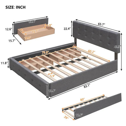 CUSchoice Queen Size Linen Fabric Platform Bed with 2 Drawers and Twin XL Trundle