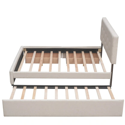 CUSchoice Queen Size Linen Fabric Platform Bed with 2 Drawers and Twin XL Trundle