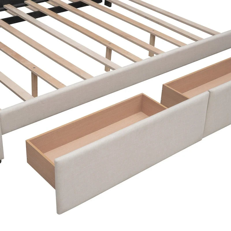 CUSchoice Queen Size Linen Fabric Platform Bed with 2 Drawers and Twin XL Trundle