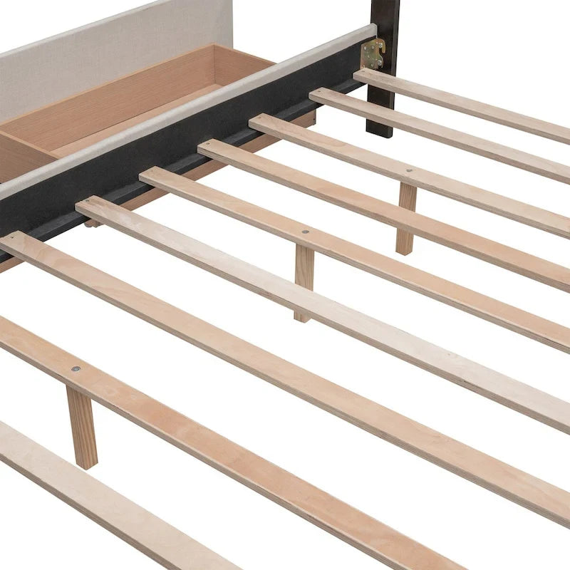 CUSchoice Queen Size Linen Fabric Platform Bed with 2 Drawers and Twin XL Trundle