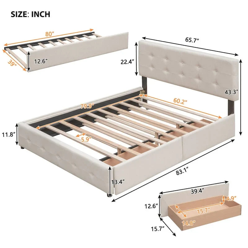 CUSchoice Queen Size Linen Fabric Platform Bed with 2 Drawers and Twin XL Trundle