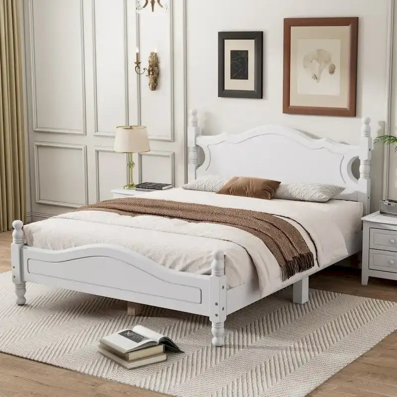 Full Size Retro Style Wood Platform Bed Frame with Headboard and Wooden Slat Support