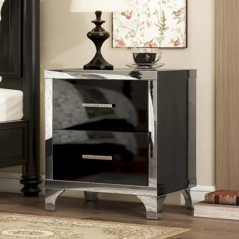 Elegant High Gloss Mirrored Nightstand with Metal Handle