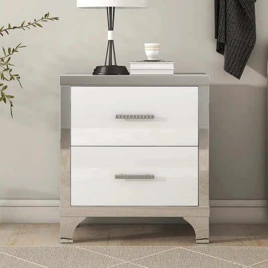 Elegant High Gloss Mirrored Nightstand with Metal Handle