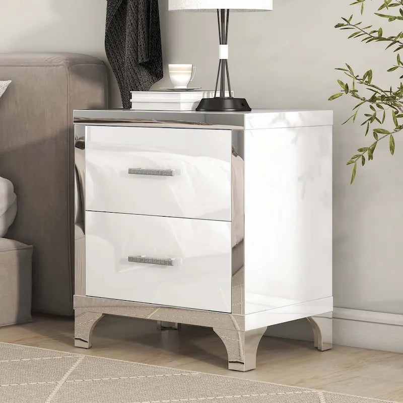 Elegant High Gloss Mirrored Nightstand with Metal Handle