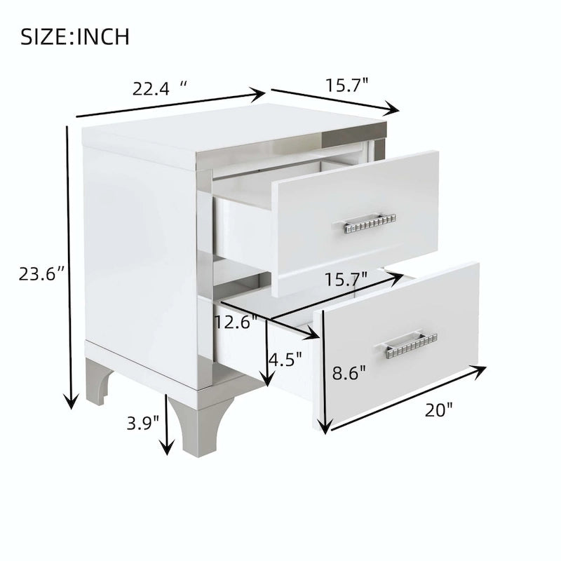 Elegant High Gloss Mirrored Nightstand with Metal Handle