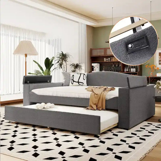 Full Size Upholstered Daybed with Storage Armrests and Trundle