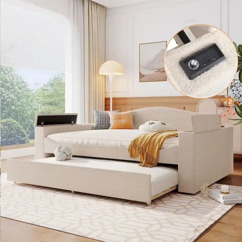 Full Size Upholstered Daybed with Storage Armrests and Trundle