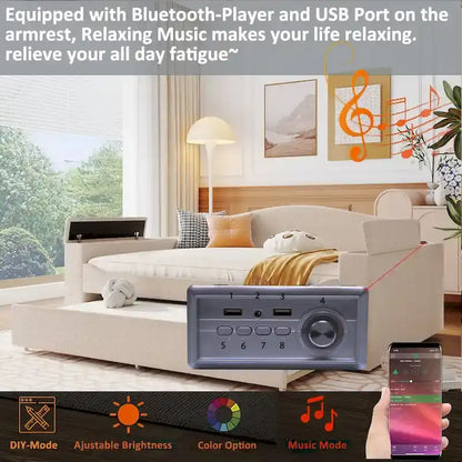 Full Size Upholstered Daybed with Storage Armrests and Trundle