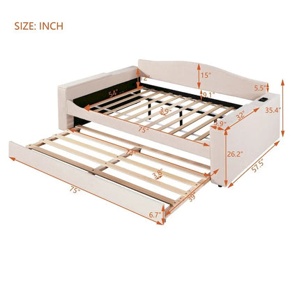 Full Size Upholstered Daybed with Storage Armrests and Trundle