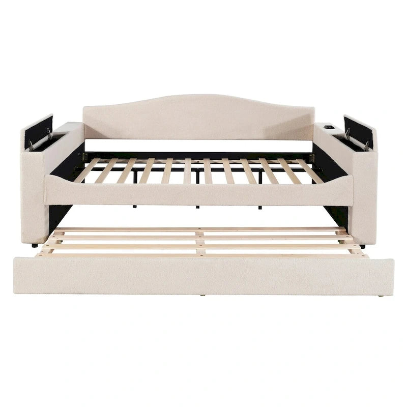 Full Size Upholstered Daybed with Storage Armrests and Trundle