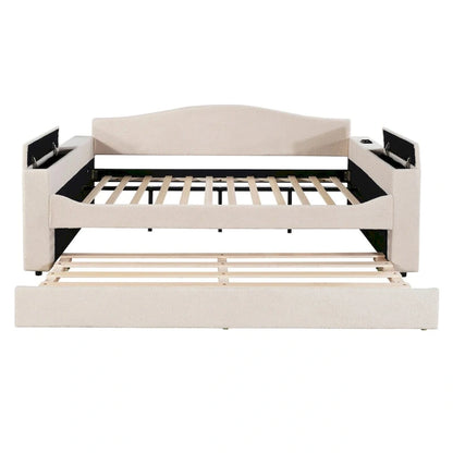 Full Size Upholstered Daybed with Storage Armrests and Trundle