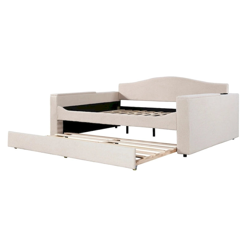 Full Size Upholstered Daybed with Storage Armrests and Trundle