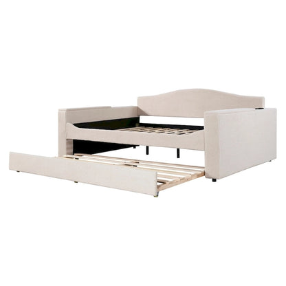 Full Size Upholstered Daybed with Storage Armrests and Trundle