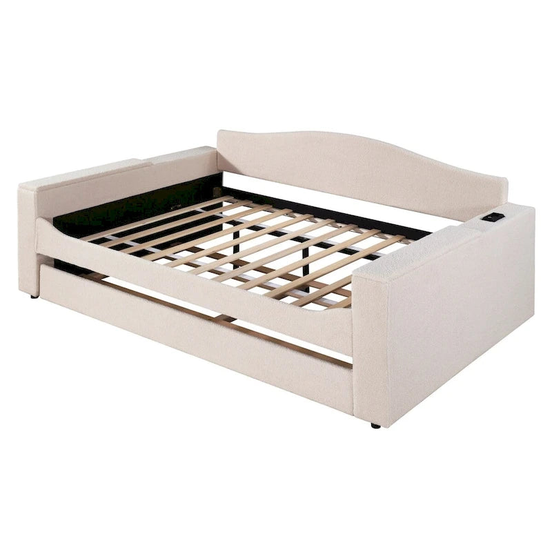 Full Size Upholstered Daybed with Storage Armrests and Trundle