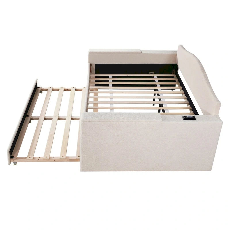 Full Size Upholstered Daybed with Storage Armrests and Trundle