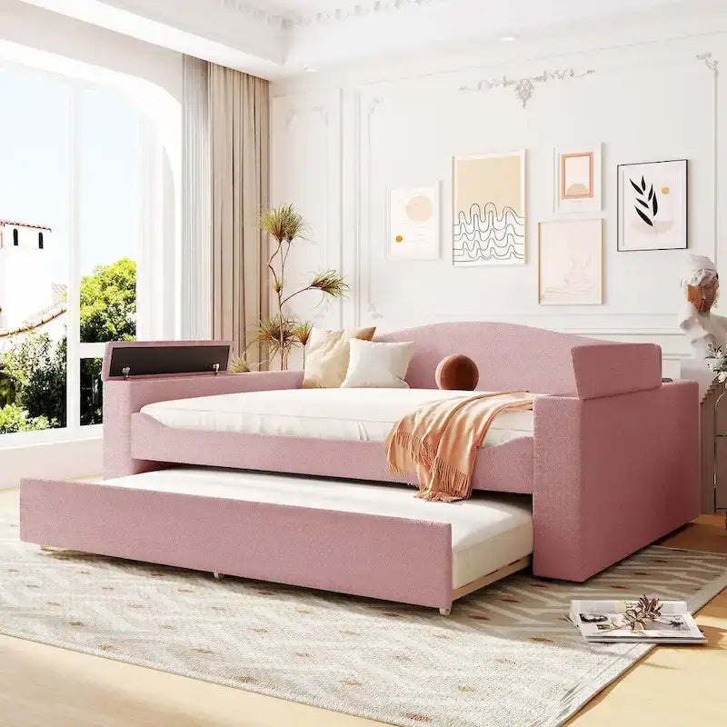 Full Size Upholstered Daybed with Storage Armrests and Trundle