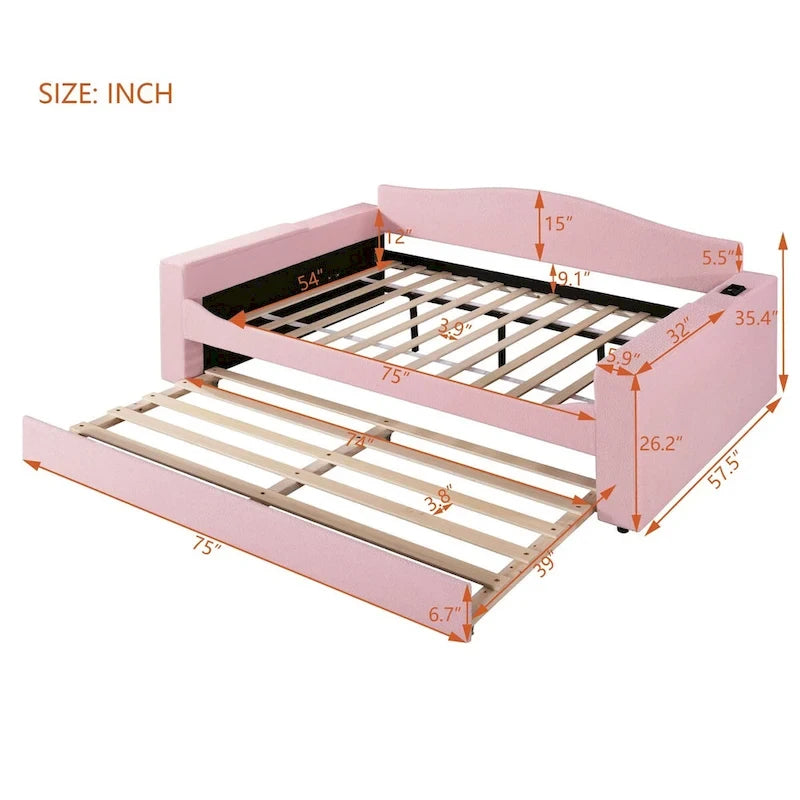 Full Size Upholstered Daybed with Storage Armrests and Trundle