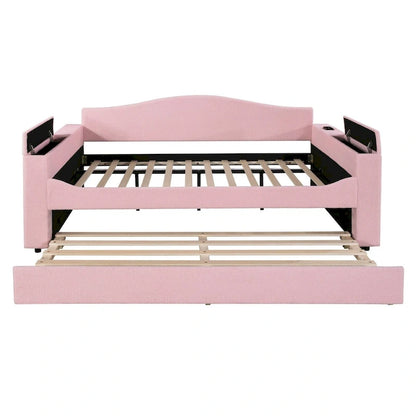 Full Size Upholstered Daybed with Storage Armrests and Trundle