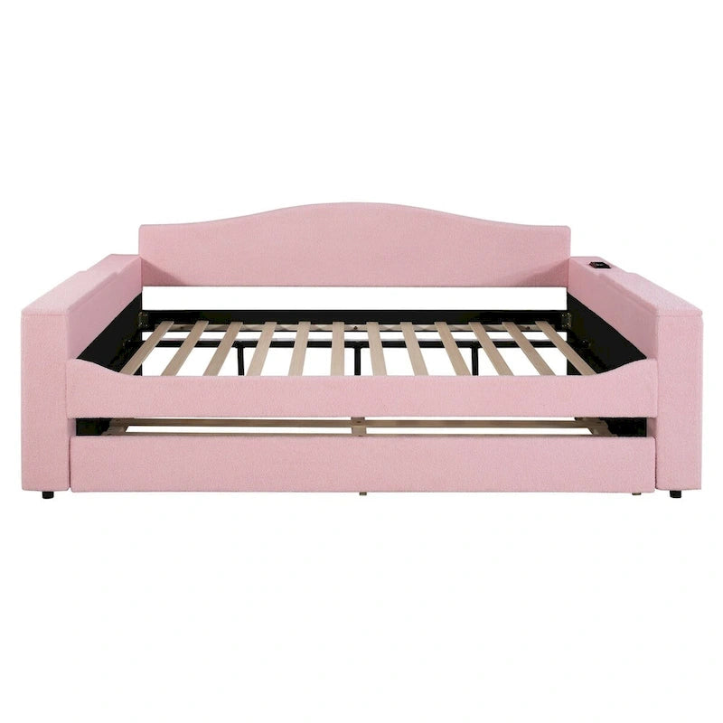 Full Size Upholstered Daybed with Storage Armrests and Trundle